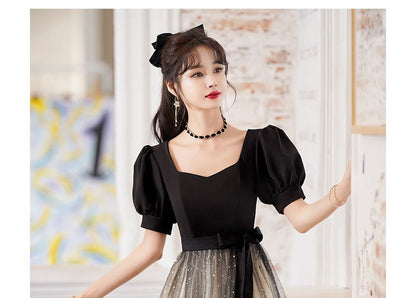 A-Line Gown Cocktail Two Sequin Dress / Puff-Sleeve Evening Tone