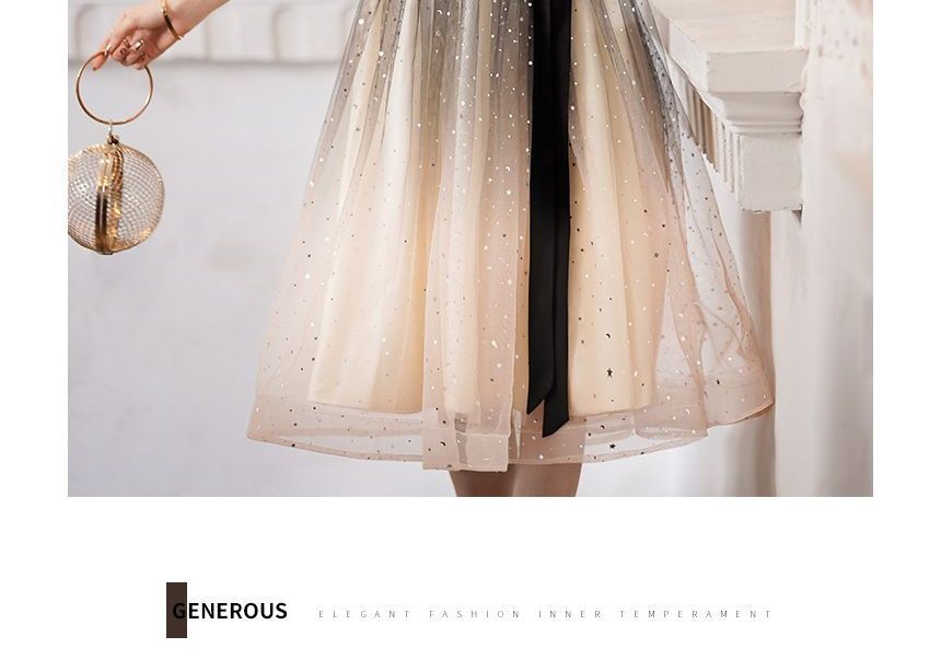 A-Line Gown Cocktail Two Sequin Dress / Puff-Sleeve Evening Tone