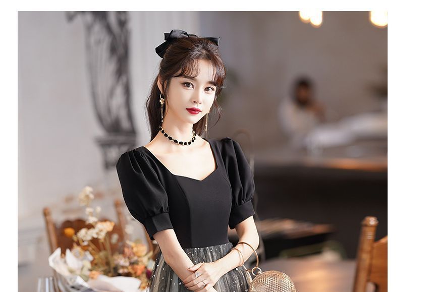 A-Line Gown Cocktail Two Sequin Dress / Puff-Sleeve Evening Tone