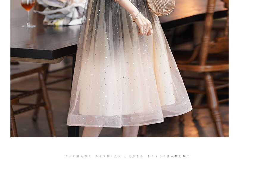 A-Line Gown Cocktail Two Sequin Dress / Puff-Sleeve Evening Tone