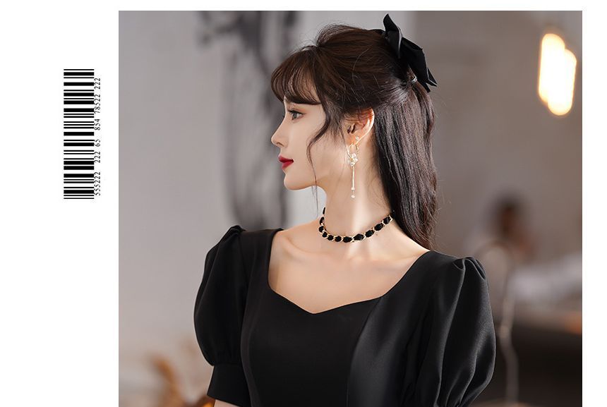 Puff-Sleeve Two Tone Sequin A-Line Cocktail Dress / Evening Gown