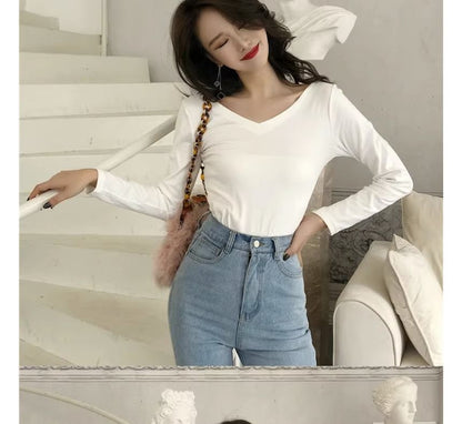 Long-Sleeve V-Neck Plain Bow Back T-Shirt