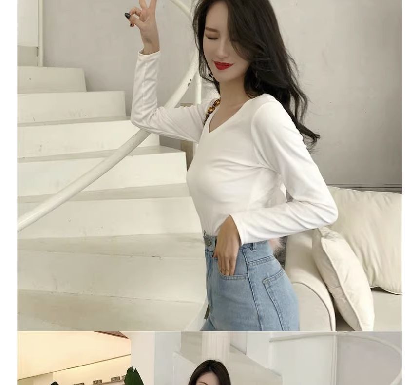 Long-Sleeve V-Neck Plain Bow Back T-Shirt