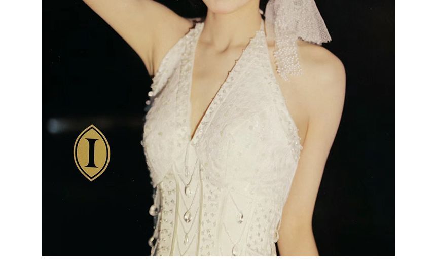 Halter Plain Sequin Rhinestone A-Line Wedding Gown