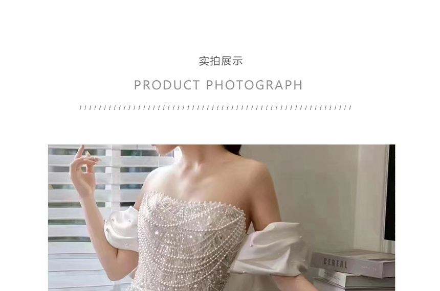 Puff-Sleeve Off-Shoulder Sequin Bow Back Faux Pearl Mermaid Wedding Gown