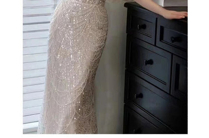 Puff-Sleeve Off-Shoulder Sequin Bow Back Faux Pearl Mermaid Wedding Gown