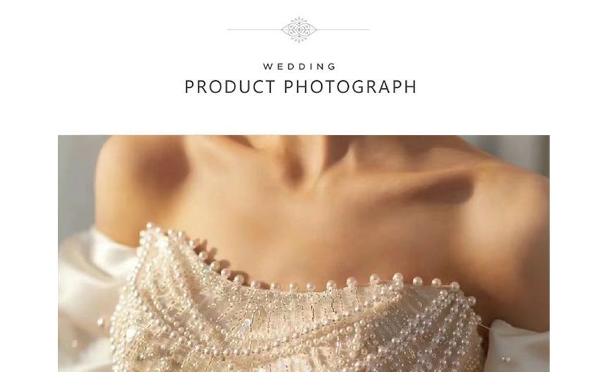 Puff-Sleeve Off-Shoulder Sequin Bow Back Faux Pearl Mermaid Wedding Gown