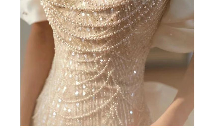 Puff-Sleeve Off-Shoulder Sequin Bow Back Faux Pearl Mermaid Wedding Gown