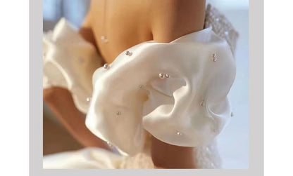 Puff-Sleeve Off-Shoulder Sequin Bow Back Faux Pearl Mermaid Wedding Gown