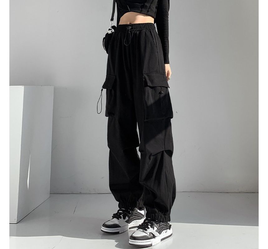 Mid Waist Plain Drawstring Cargo Baggy Pants