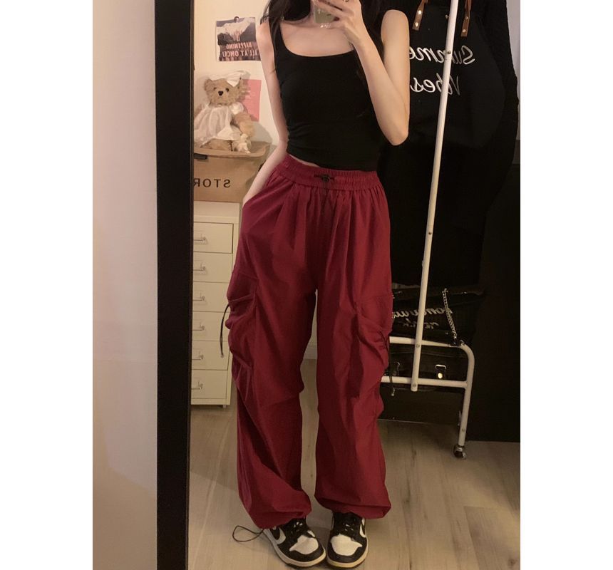 Mid Waist Plain Drawstring Cargo Baggy Pants