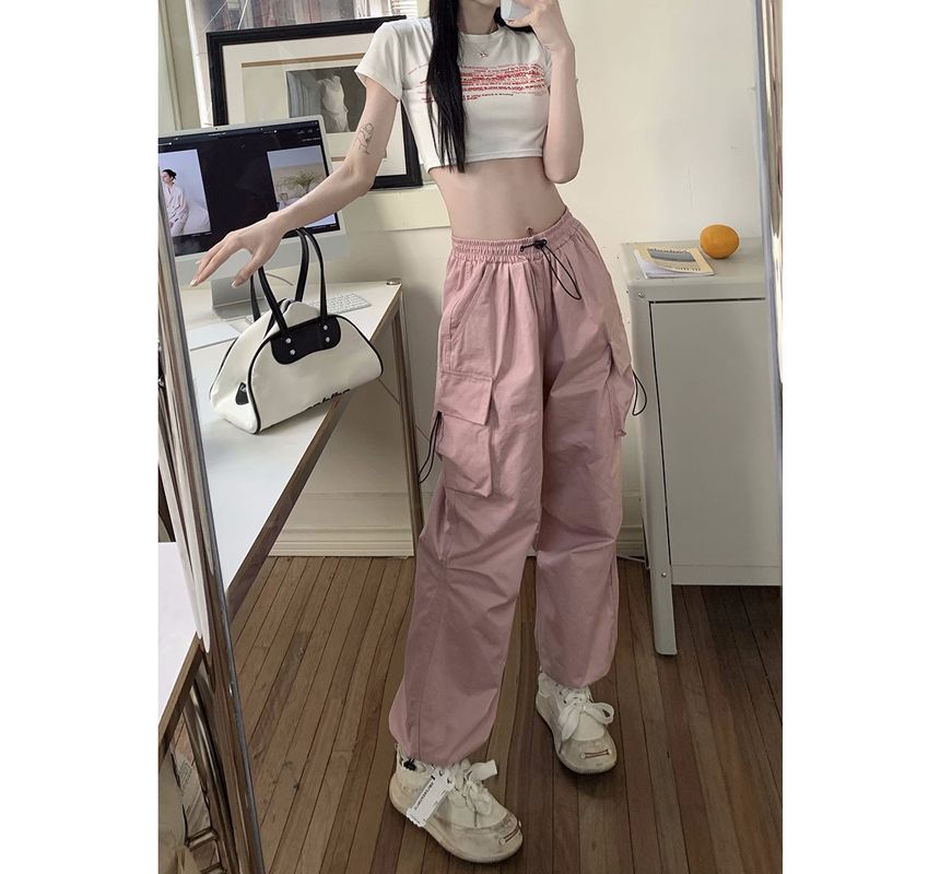 Mid Waist Plain Drawstring Cargo Baggy Pants