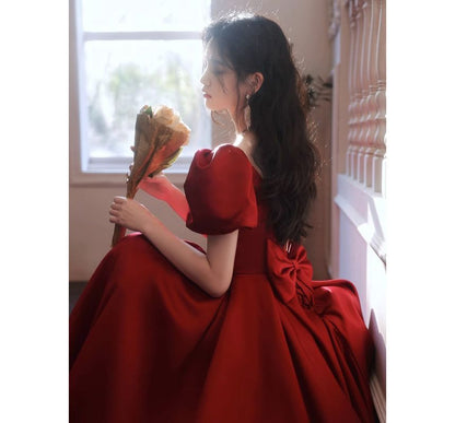 Designs) Gown Puff-Sleeve Evening Square-Neck Plain (Various A-Line