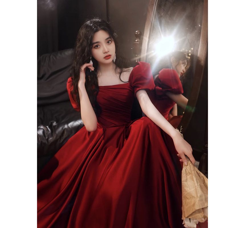 Designs) Gown Puff-Sleeve Evening Square-Neck Plain (Various A-Line