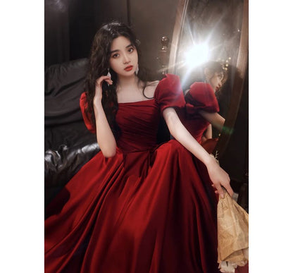 Designs) Gown Puff-Sleeve Evening Square-Neck Plain (Various A-Line