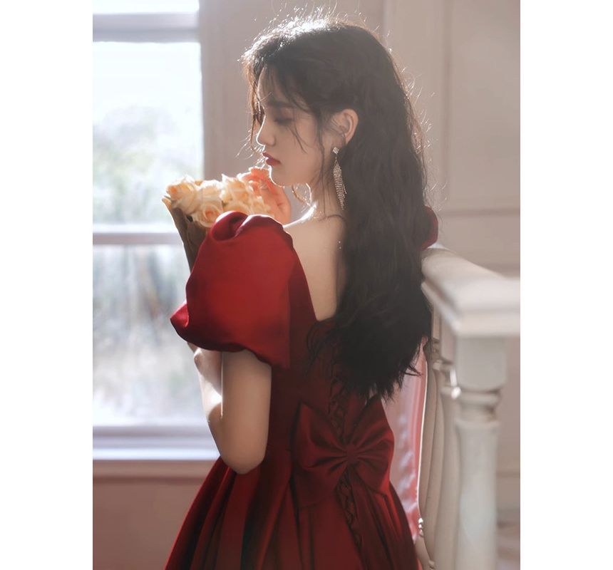 Designs) Gown Puff-Sleeve Evening Square-Neck Plain (Various A-Line