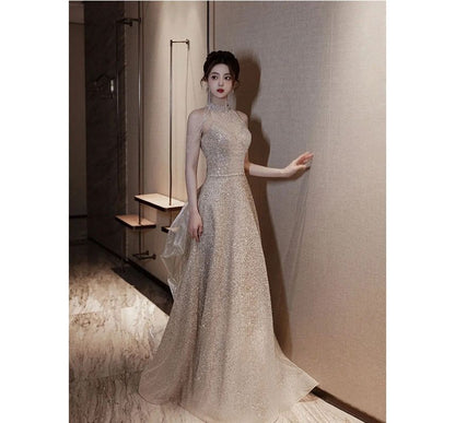 Cold-Shoulder Sequined A-Line Evening Gown