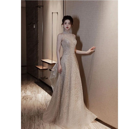 Cold-Shoulder Sequined A-Line Evening Gown
