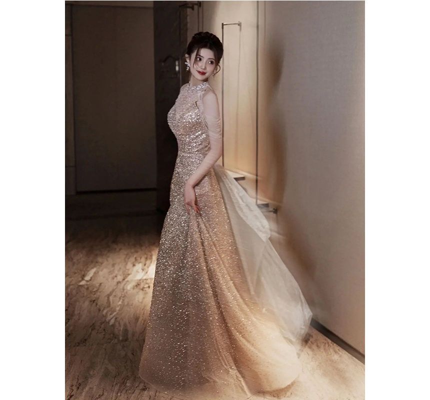 Cold-Shoulder Sequined A-Line Evening Gown