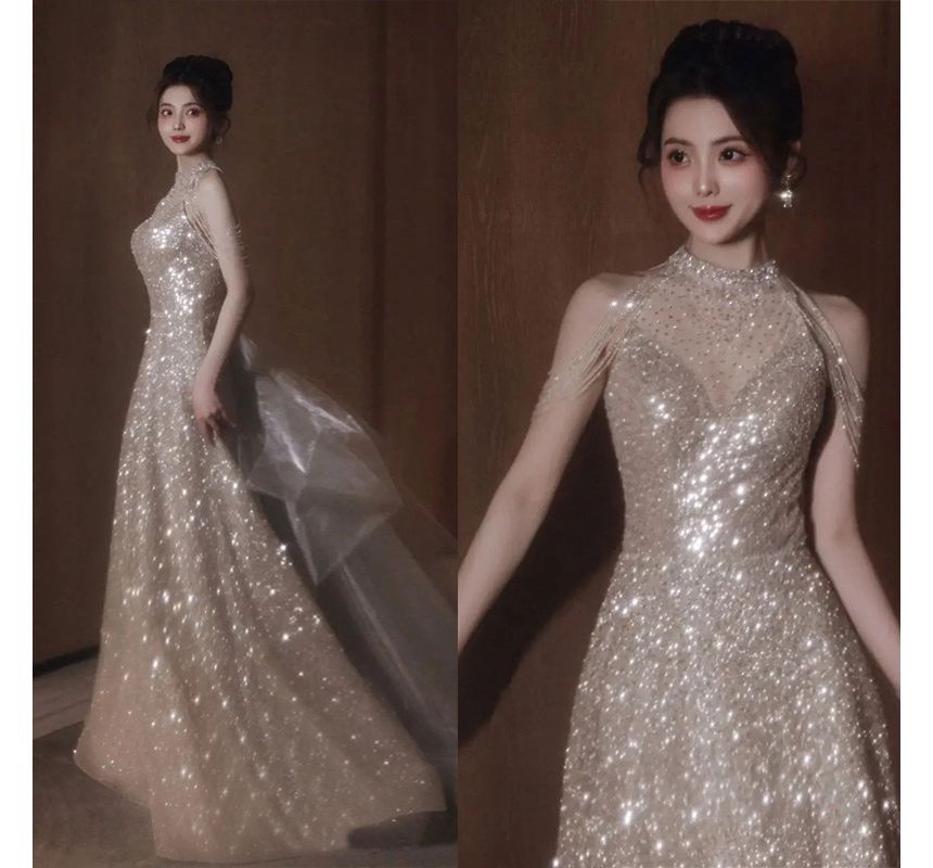 Cold-Shoulder Sequined A-Line Evening Gown