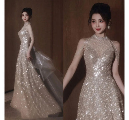 Cold-Shoulder Sequined A-Line Evening Gown