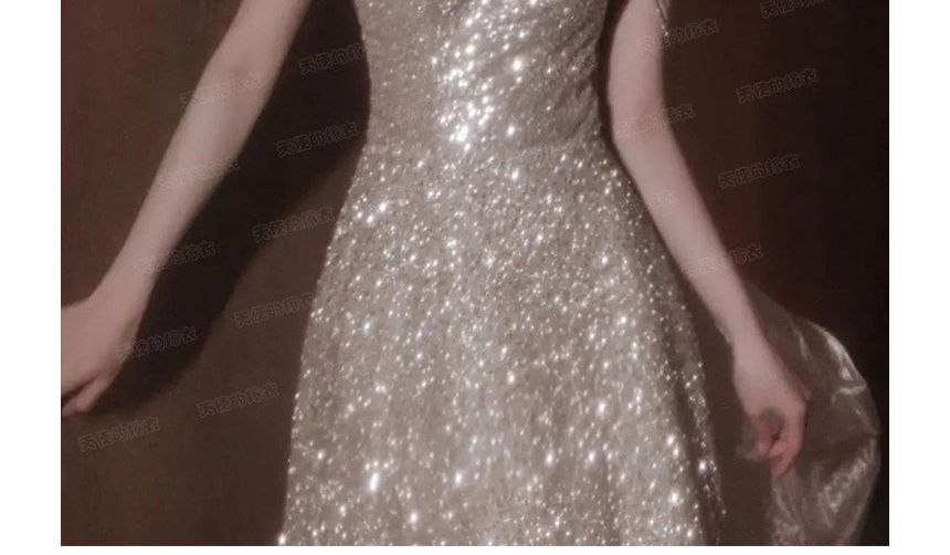 Cold-Shoulder Sequined A-Line Evening Gown