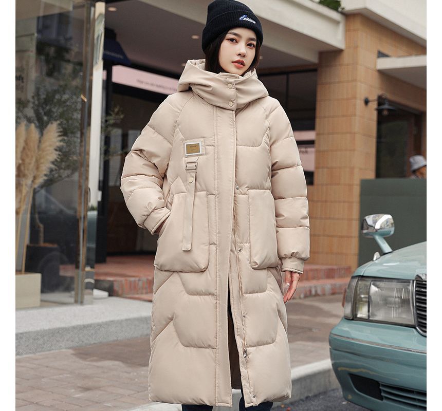 Lettering Applique Hooded Midi Zip Puffer Coat