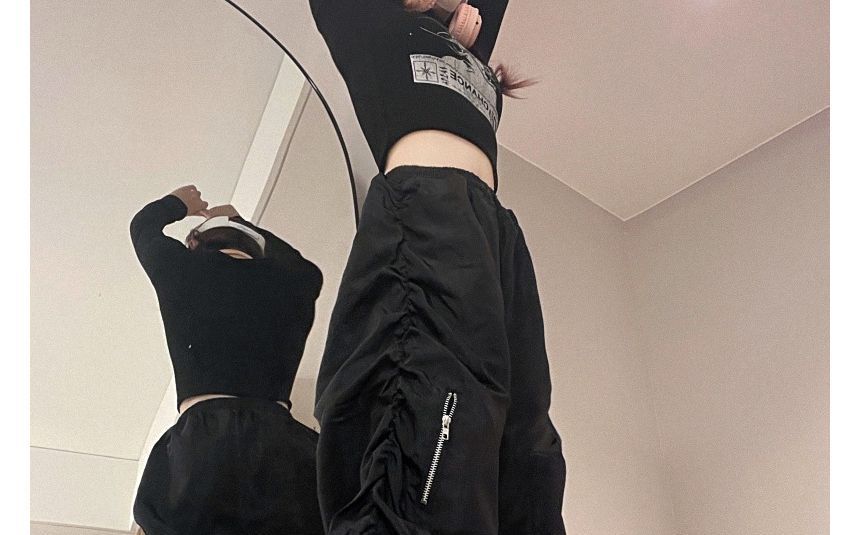 Drawstring Waist Plain Baggy Cargo Parachute Pants