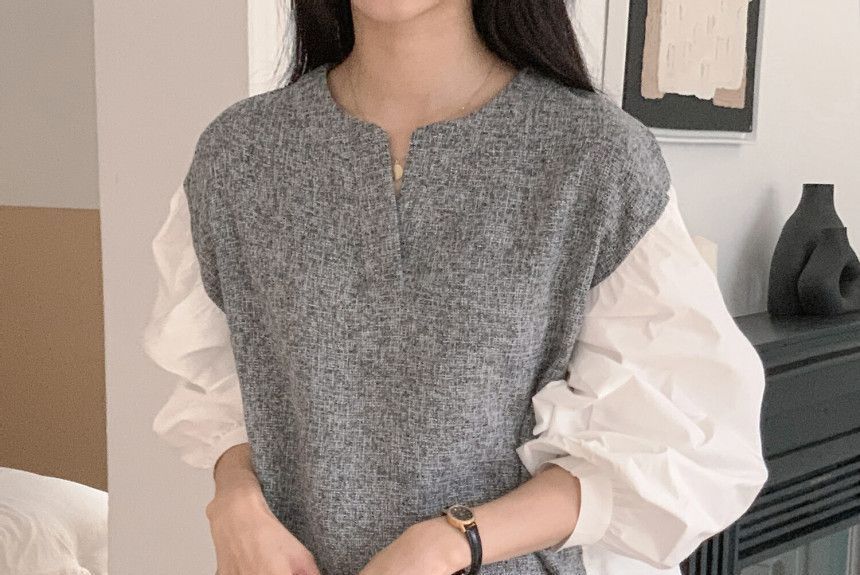 Long-Sleeve Notch Neck Melange Panel Blouse