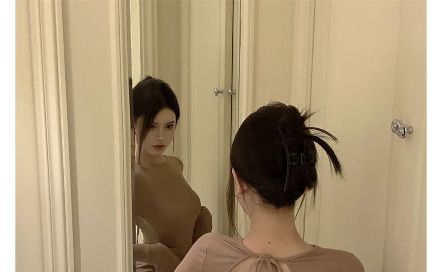 Back Crew Open Neck Sheath Plain Mini Long-Sleeve Dress