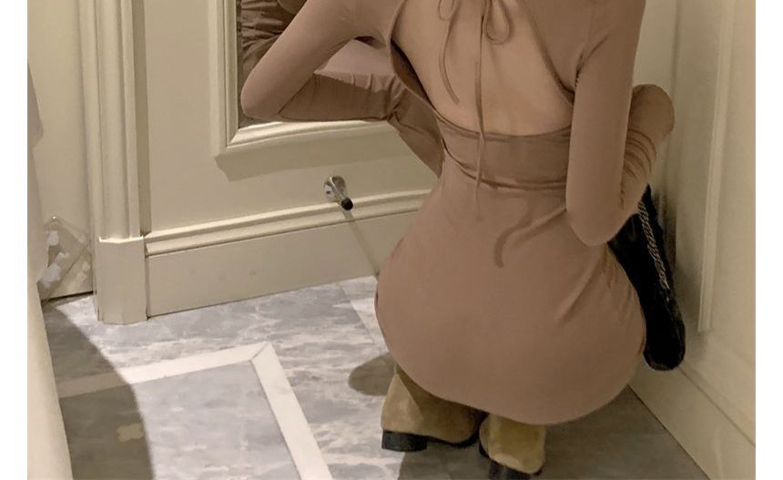 Back Crew Open Neck Sheath Plain Mini Long-Sleeve Dress