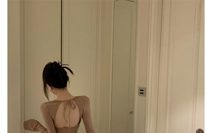 Back Crew Open Neck Sheath Plain Mini Long-Sleeve Dress