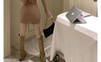 Back Crew Open Neck Sheath Plain Mini Long-Sleeve Dress