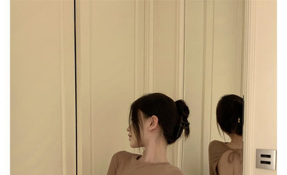 Back Crew Open Neck Sheath Plain Mini Long-Sleeve Dress