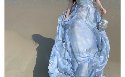 Sweetheart Neckline Ruffle A-Line Maxi with Thin Straps