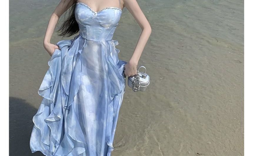 Sweetheart Neckline Ruffle A-Line Maxi with Thin Straps