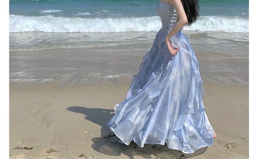 Sweetheart Neckline Ruffle A-Line Maxi with Thin Straps
