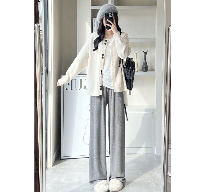 High Rise Wide Leg Plain Knit Sweatpants