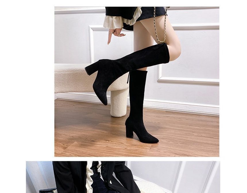 Pointed Chunky Heel Tall Boots