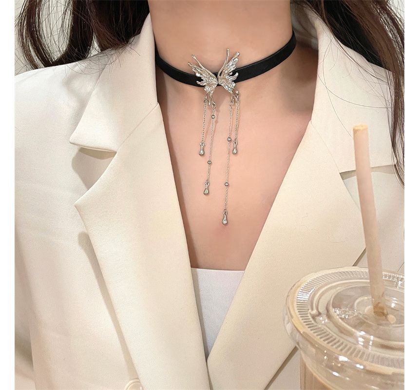 Fringed Choker Rhinestone Butterfly Leather Faux