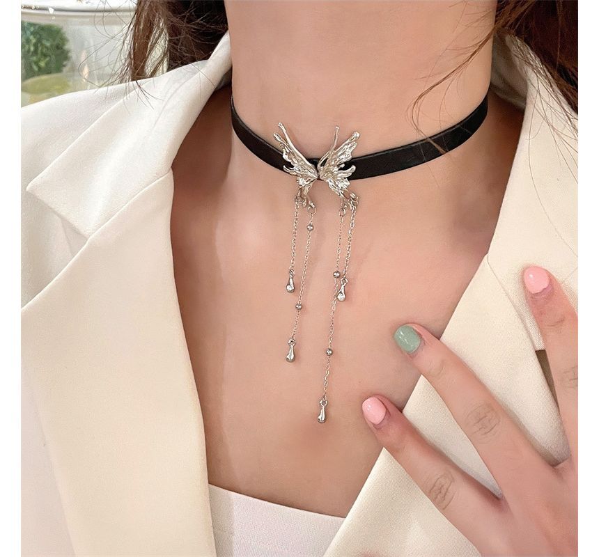 Fringed Choker Rhinestone Butterfly Leather Faux