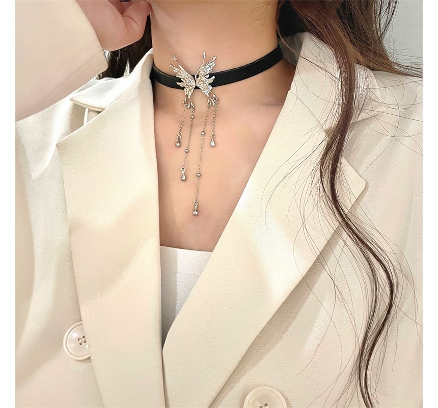 Fringed Choker Rhinestone Butterfly Leather Faux