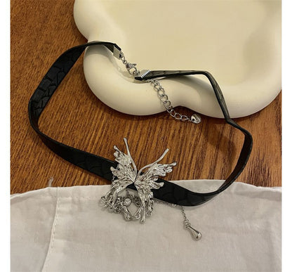 Fringed Choker Rhinestone Butterfly Leather Faux