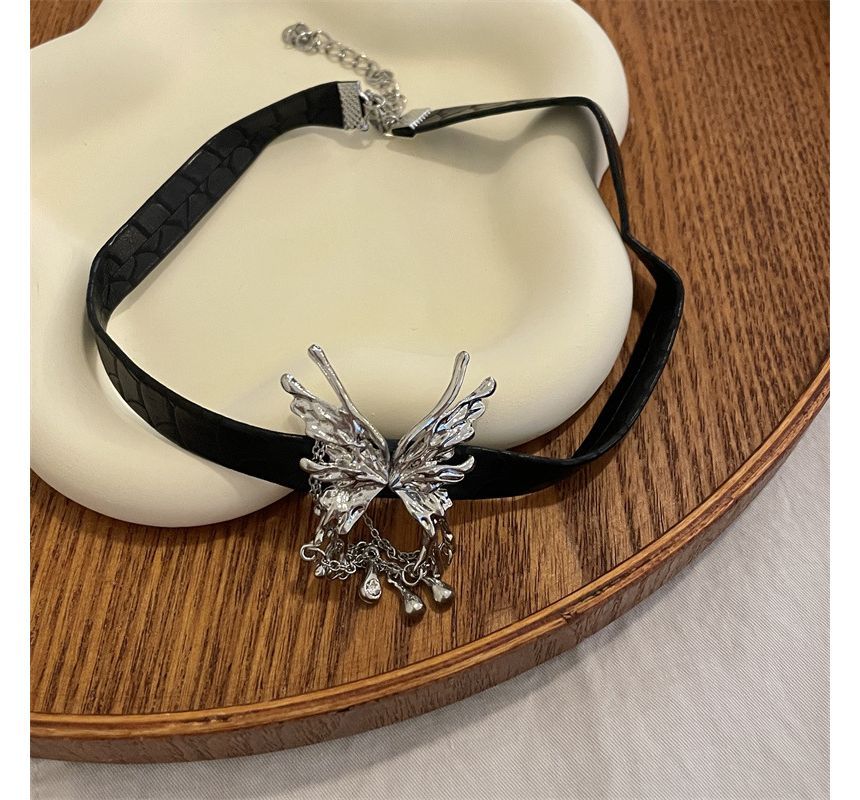 Fringed Choker Rhinestone Butterfly Leather Faux