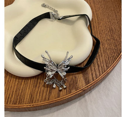 Fringed Choker Rhinestone Butterfly Leather Faux
