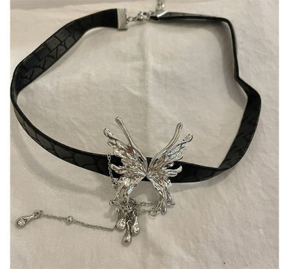 Fringed Choker Rhinestone Butterfly Leather Faux