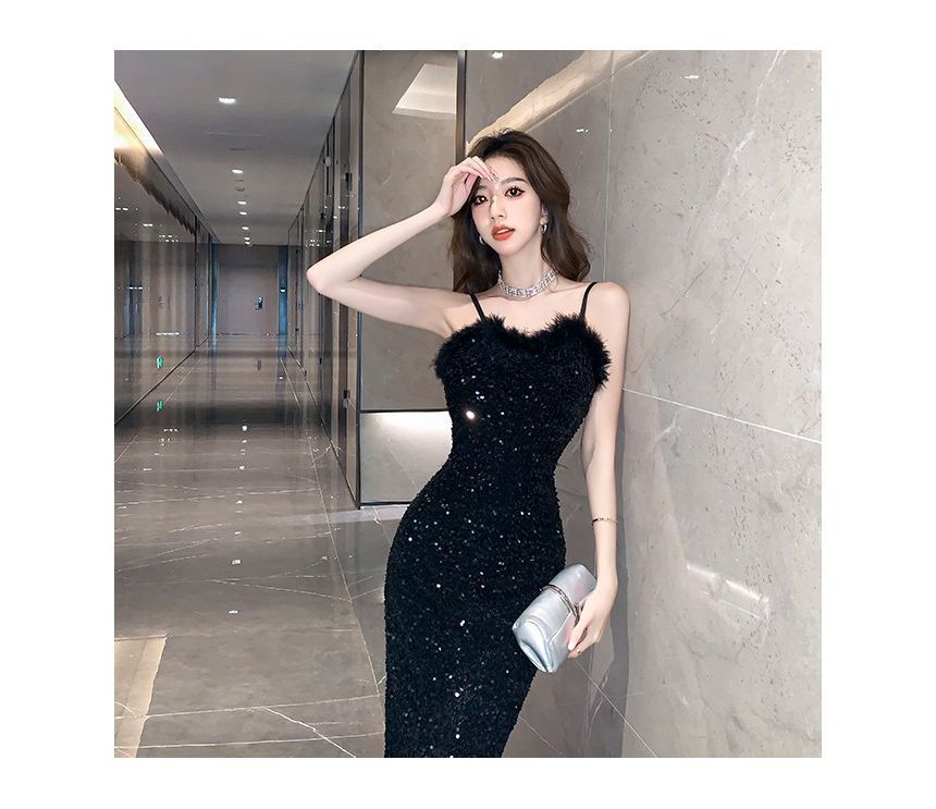 Spaghetti Strap Sequin Fluffy Trim Bodycon Cocktail Dress