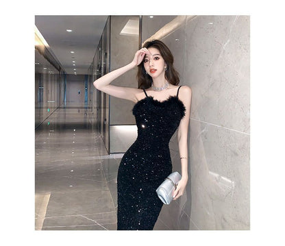 Spaghetti Strap Sequin Fluffy Trim Bodycon Cocktail Dress