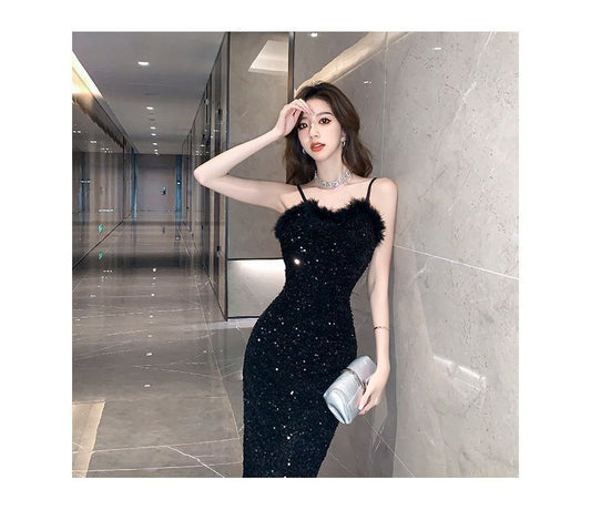 Spaghetti Strap Sequin Fluffy Trim Bodycon Cocktail Dress