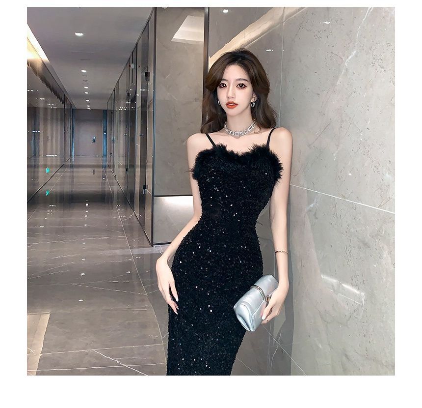 Spaghetti Strap Sequin Fluffy Trim Bodycon Cocktail Dress